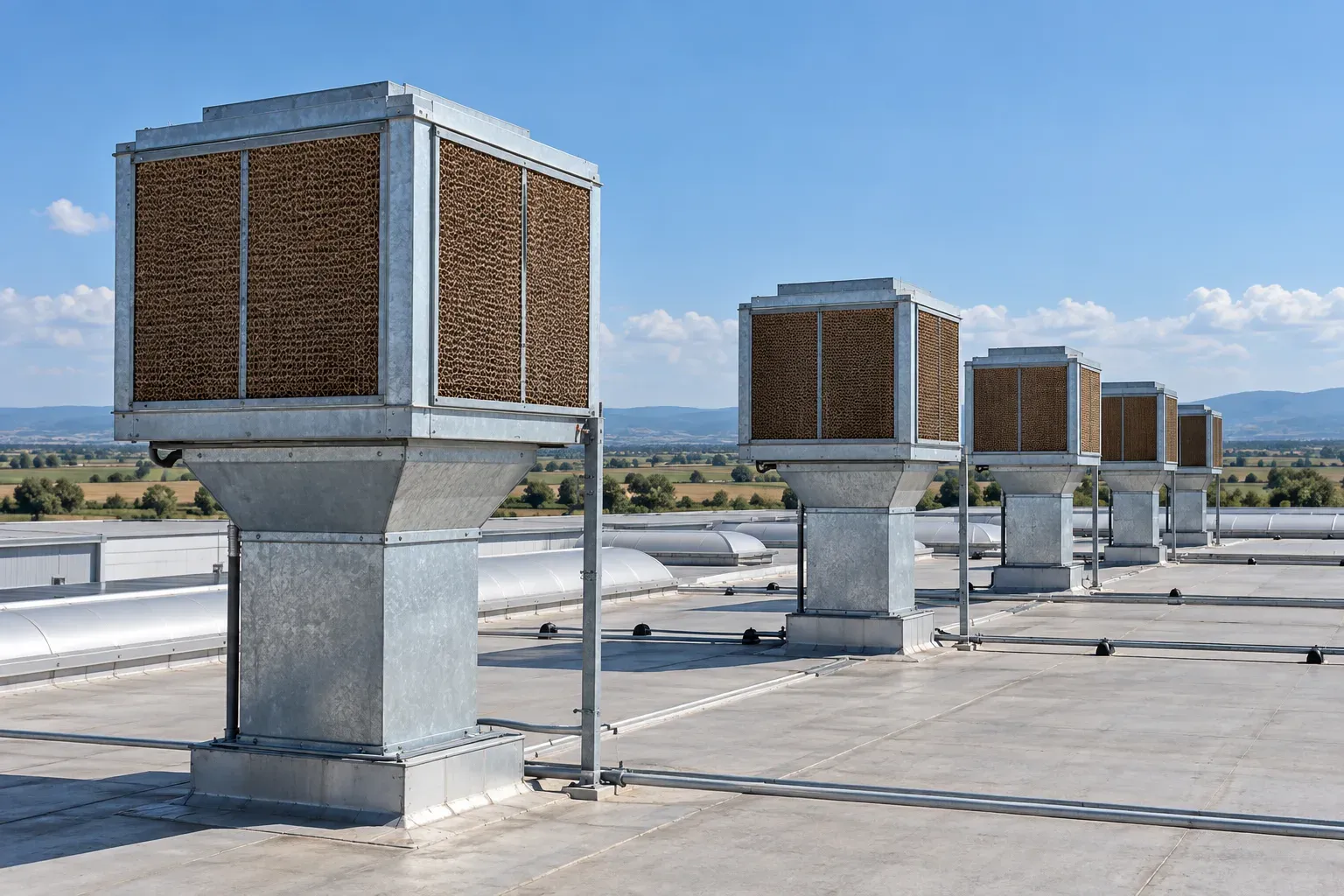 Fabrika çatısında kanallarla üretim alanına bağlanan evaporatif soğutucu üniteleri