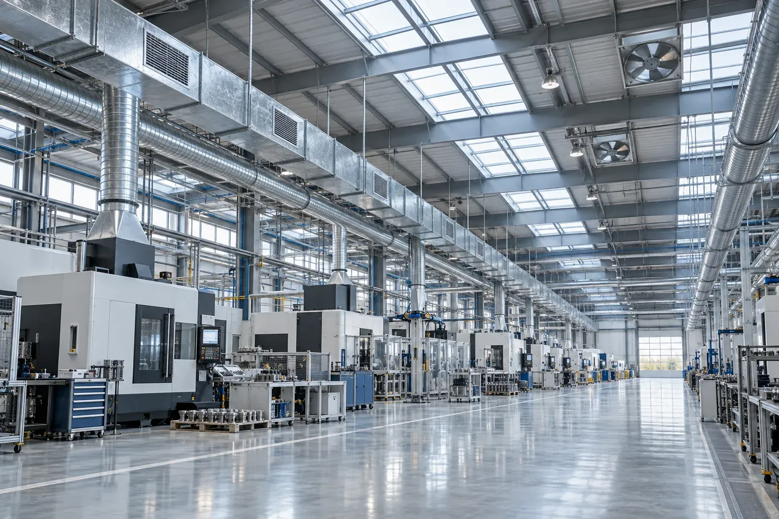 Yüksek tavanlı fabrika üretim holünde galvaniz dikdörtgen ve spiral hava kanalları ile çatı egzoz fanları