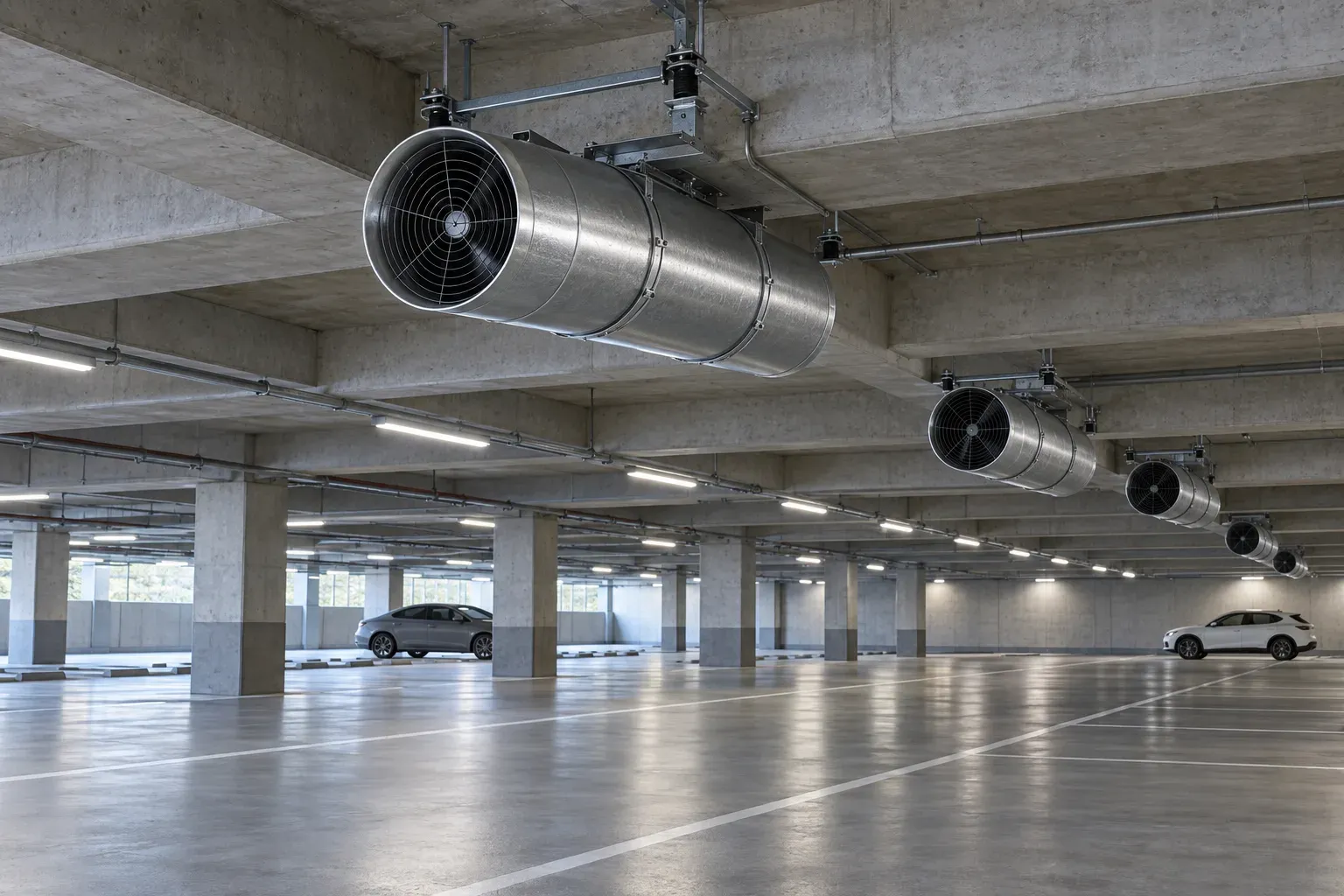 Kapalı otopark tavanına kirişler arasında monte edilmiş jet fanlar
