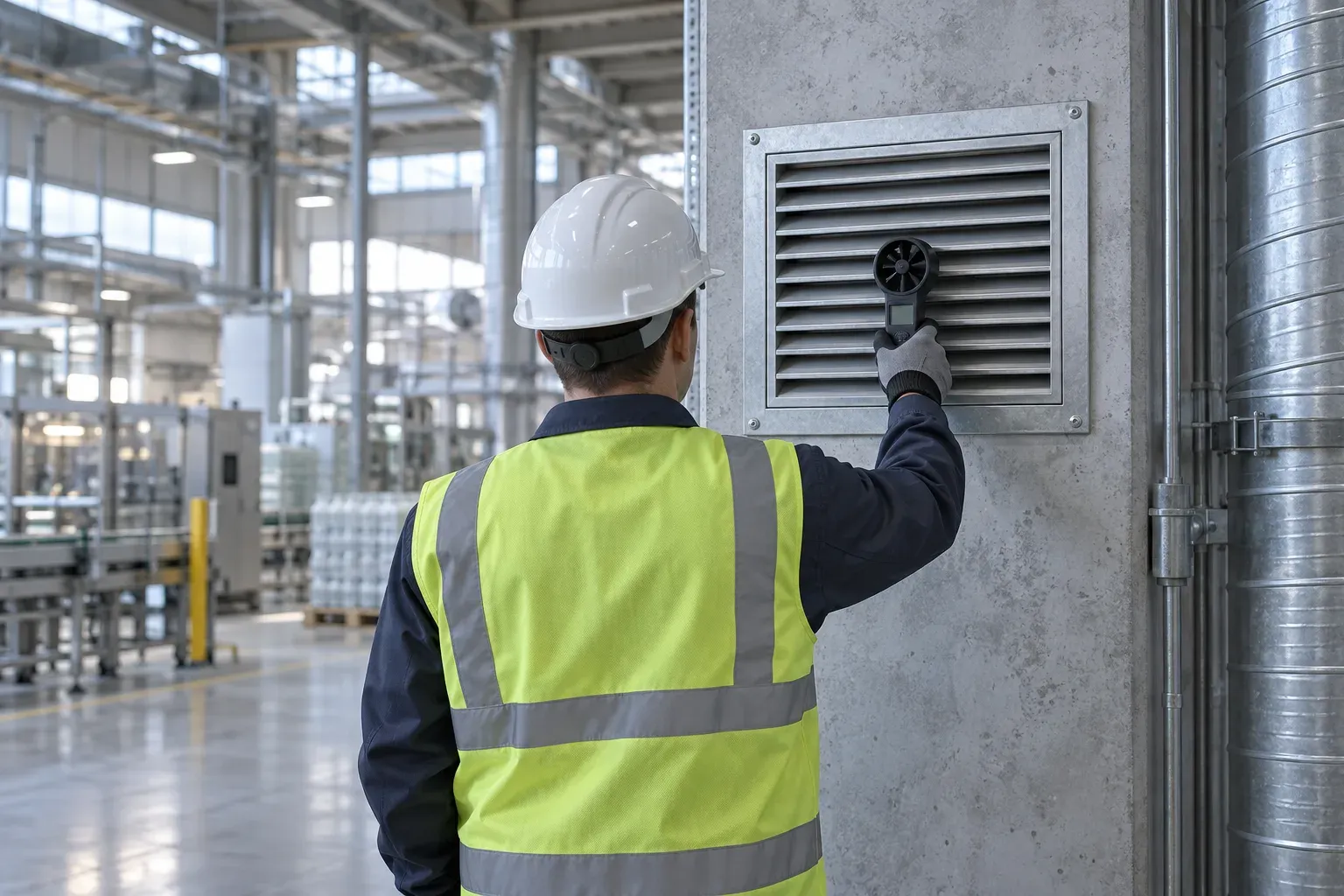 Fabrikada iş güvenliği donanımlı teknisyenin havalandırma menfezinde anemometreyle hava hızı ölçümü